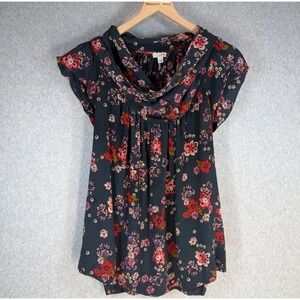 Odille byAnthropologie Women's Size 10 Floral Cowl Neck Blouse Dark Green Silk